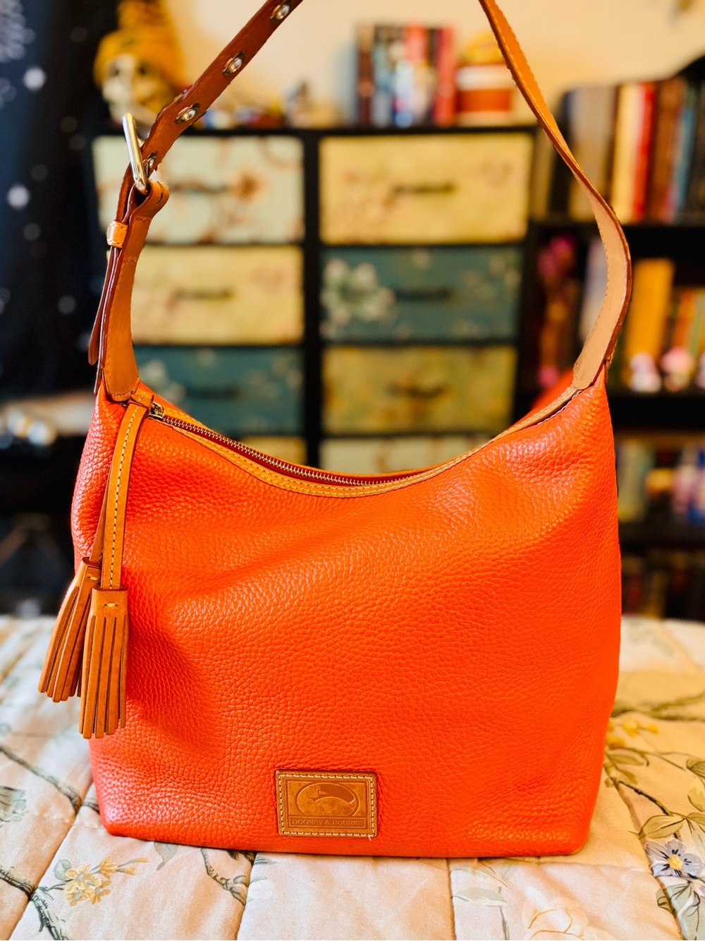 Dooney & Bourke Orange Pebble Leather Shoulder Tassel Duck Hobo Bag